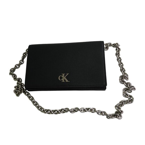 Calvin Klein Minimal Monogram Chain Strap Wallet Black Silver Chain Designer - Picture 1 of 5